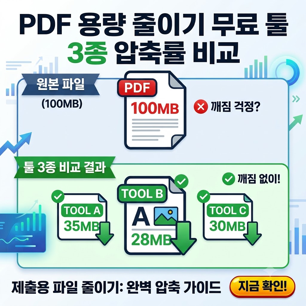 PDF 용량 줄이기 무료 툴 3종 압축률 비교 인포그래픽 - 100MB 원본 파일을 깨짐 없이 30MB 안팎으로 압축한 결과 가이드