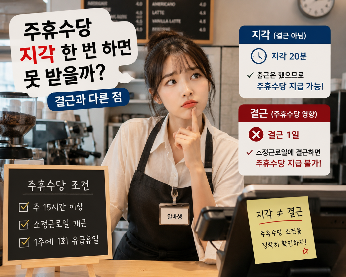 주휴수당 지각 한 번과 결근의 차이를 카페 알바생 사례로 비교해 보여주는 이미지
