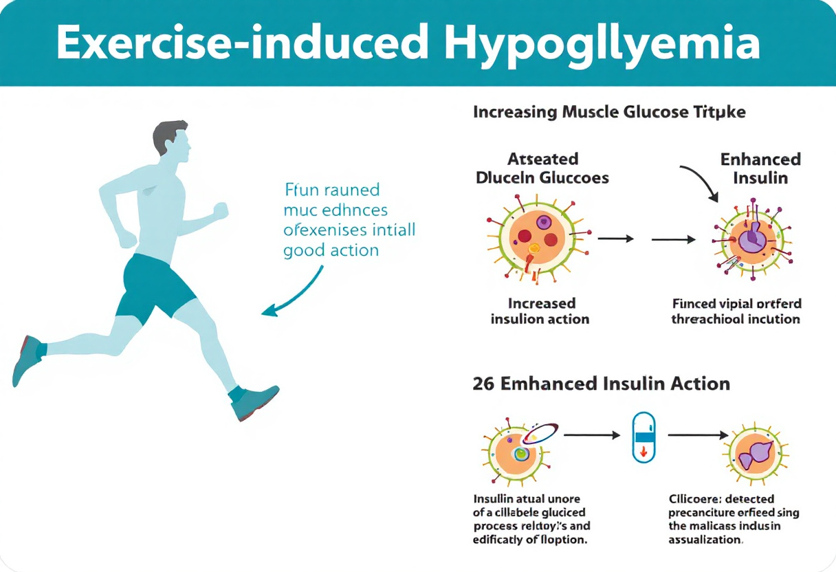 "운동 중 저혈당이 발생하는 기전을 보여주는 인포그래픽: 근육의 포도당 흡수 증가, 인슐린 작용 강화 등"