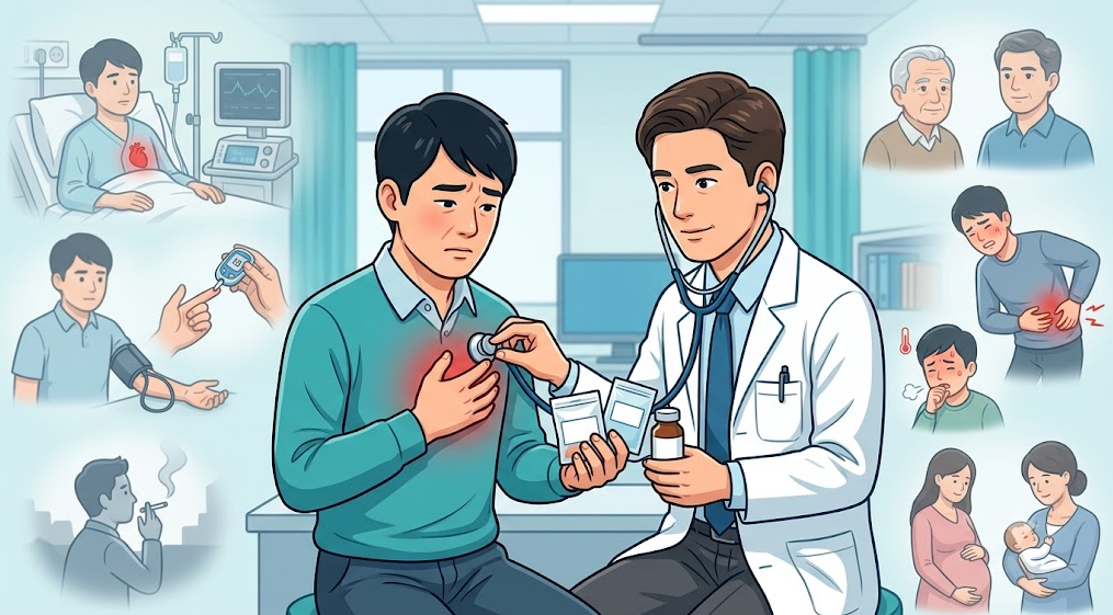 가슴 통증 진료 시 의료진이 환자의 기저질환, 복용 약물, 혈압 및 혈당, 흡연 여부, 외상, 감염, 임신 상태 등을 종합적으로 확인하는 모습을 나타낸 레고 스타일 일러스트