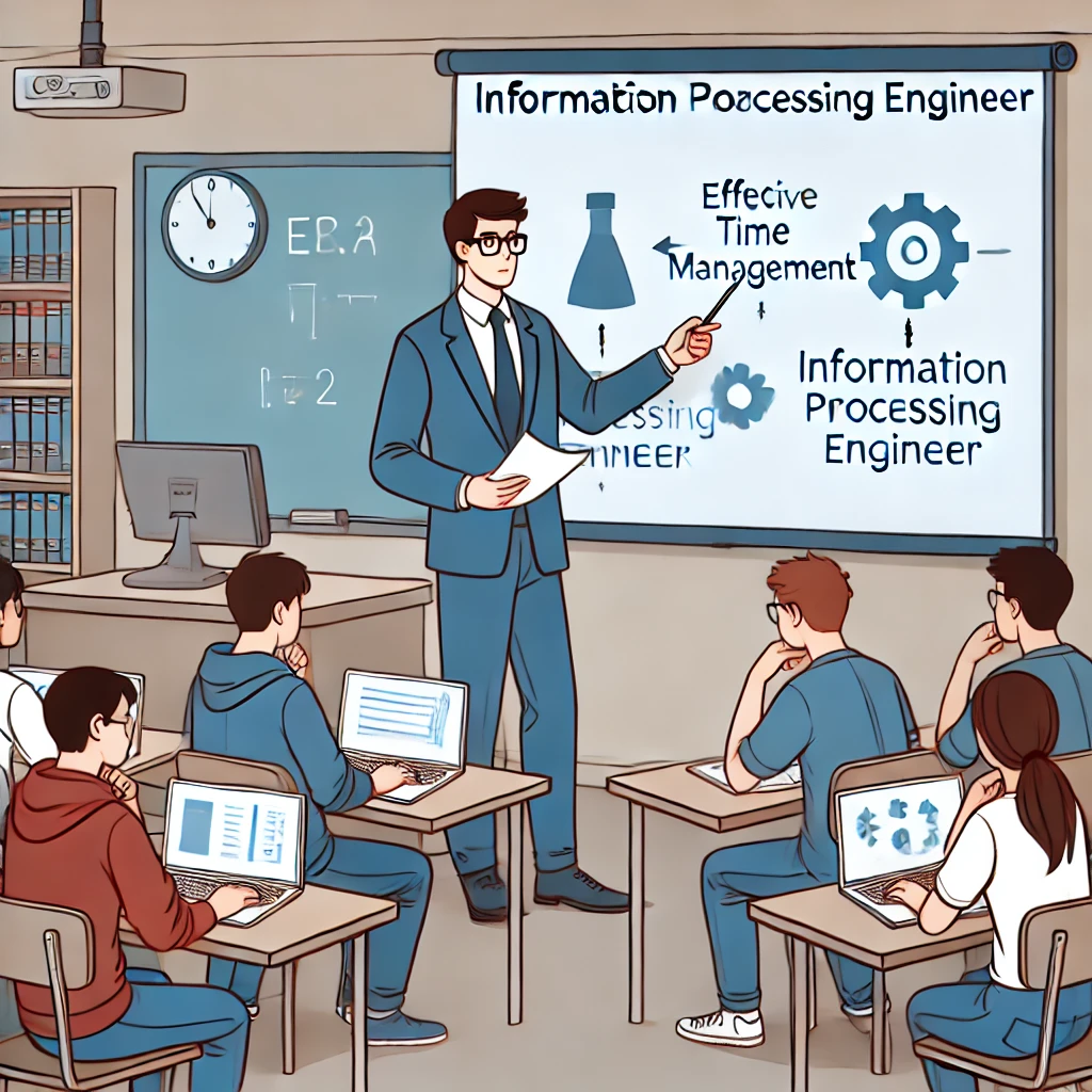 교실에서 교사가 프로젝터로 슬라이드를 사용해 정보처리기사 시험의 시간 관리 전략을 설명하며 학생들이 필기하는 학습 환경