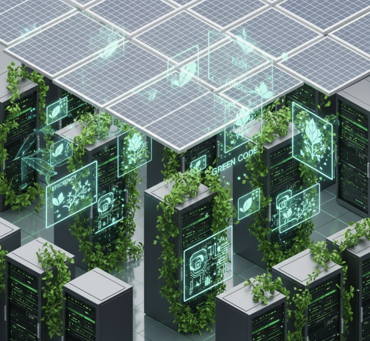 초록색 나뭇잎과 재생 에너지로 구동되는 친환경 데이터 센터와 그린 소프트웨어 엔지니어링 개념을 상징하는 미래형 IT 인프라 일러스트레이션