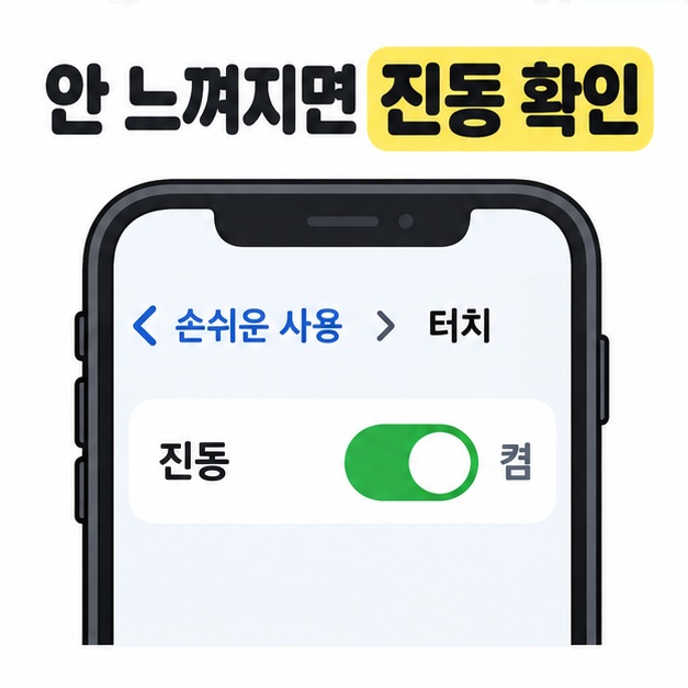 안 느껴지면 진동 확인 문구 아래 손쉬운 사용의 터치 메뉴에서 진동이 켜진 상태를 보여주는 화면 삽화