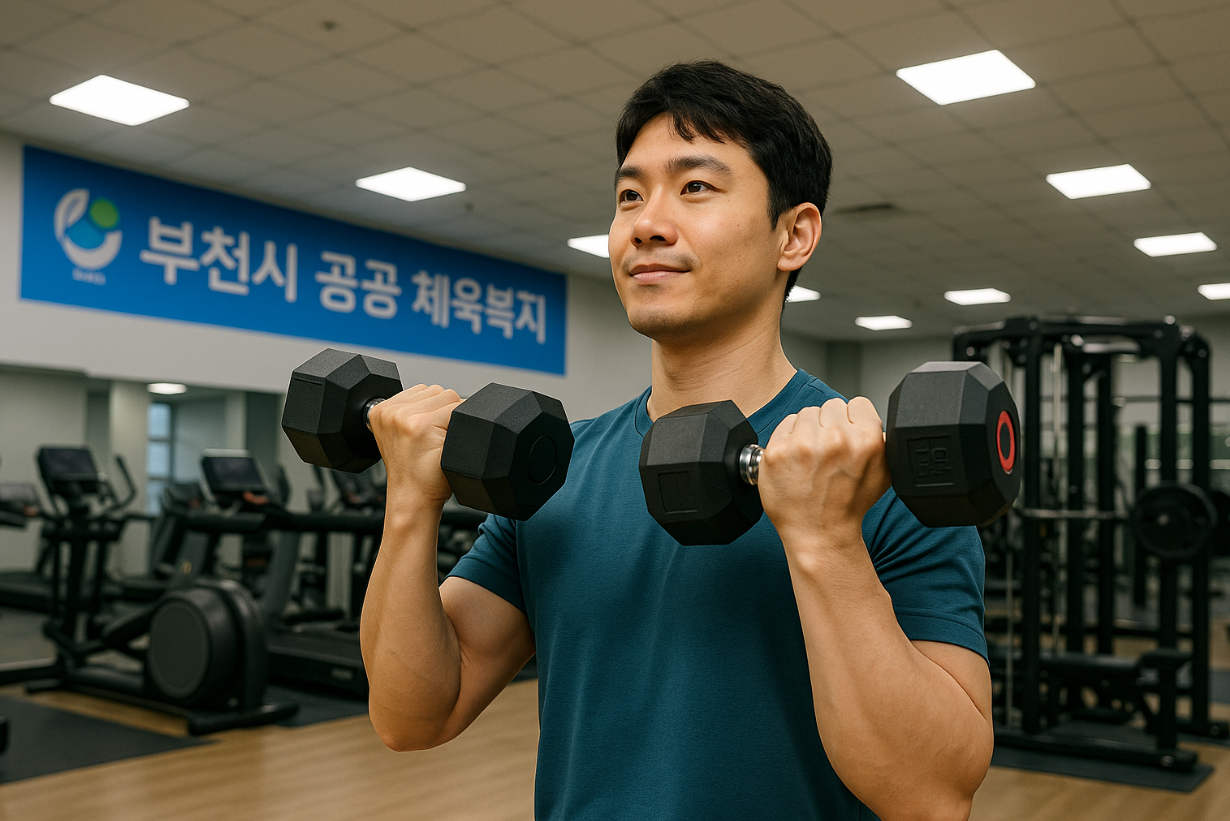부천시 공공 체육복지로 헬스장을 이용하는 직장인의 모습