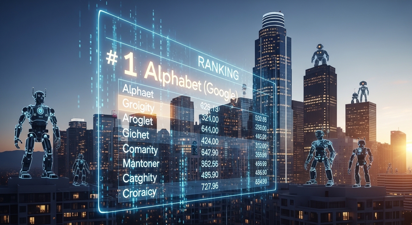구글(Alphabet) 로고가 시가총액 1위 자리에 배치되어 있고, 그 주변으로 인공지능과 로봇들이 배치된 미래 지향적인 실리콘밸리 풍경