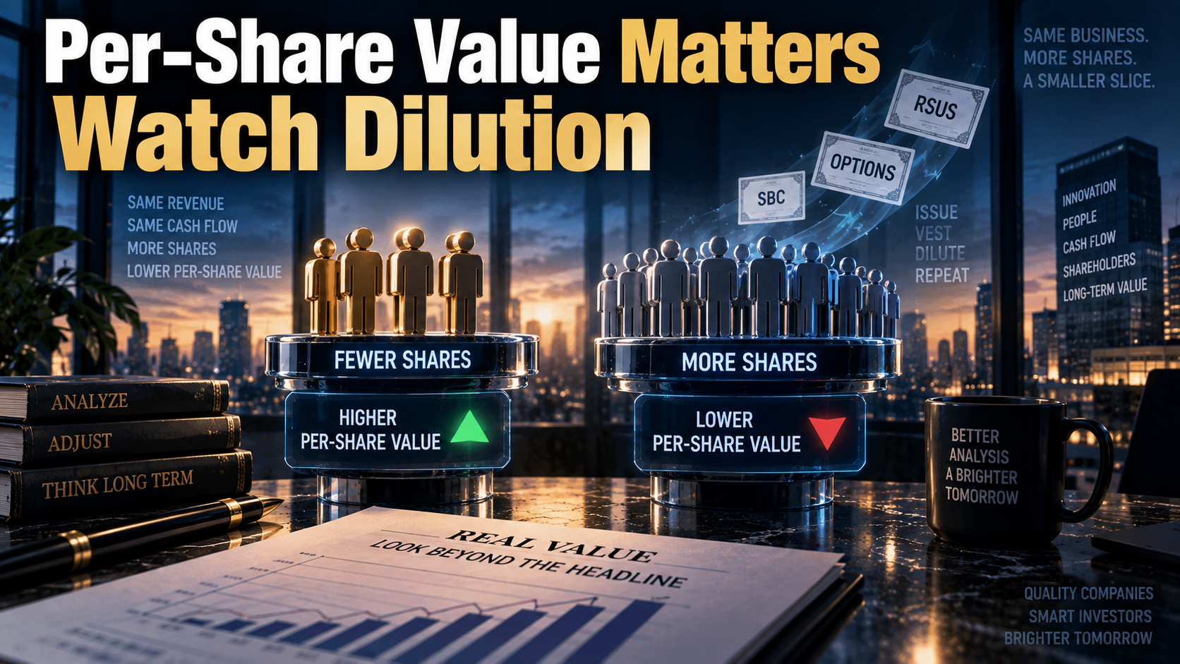 Diluted share count, free cash flow per share, and shareholder value analysis for Big Tech companies