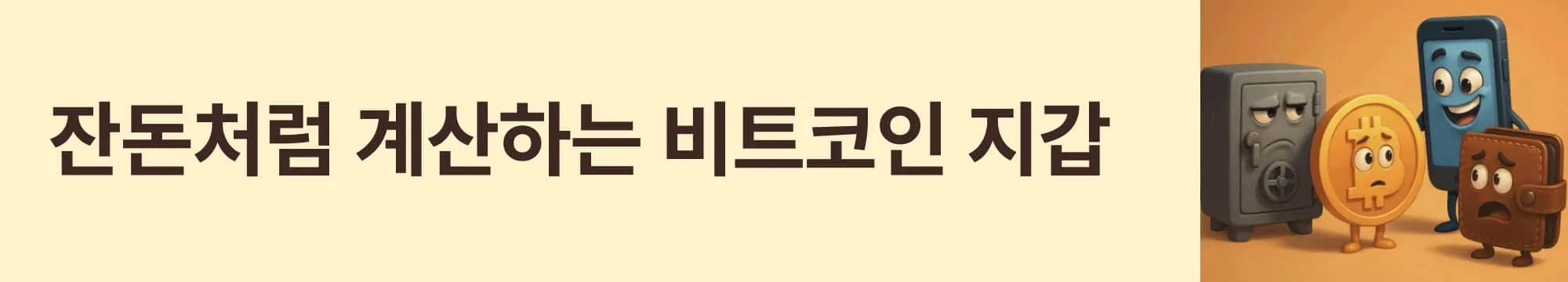 &lsquo;잔돈처럼 계산하는 비트코인 지갑&rsquo;이라는 문구가 포함된 웹배너 이미지. 이 이미지는 비트코인의 트랜잭션 구조인 UTXO 모델을 통해 잔액이 계산되는 방식을 시각적으로 보여주며, 블로그의 비트코인 지갑 작동 원리 섹션과 관련된 내용을 설명함 (bitcoin wallet utxo transaction model)