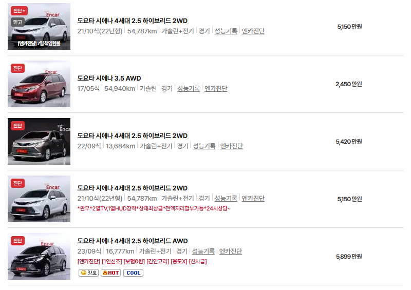 도요타 시에나 중고차 가격 시세표 연비