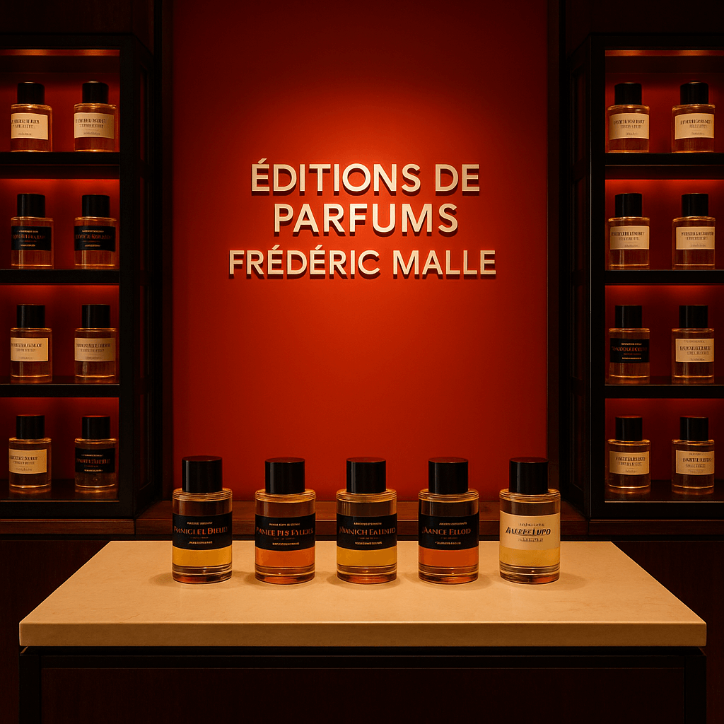 파리의 프레데릭 말(Frédéric Malle) 부티크 내부 전경. 붉은 조명 아래 심플한 원통형 향수병들이 문학 작품처럼 진열되어 있으며, 조향사의 이름이 검은 글씨로 적혀 있다. 향수는 유리 냉장 캐비닛 속에 와인 셀러처럼 보관되어, 예술적이면서도 과학적인 분위기를 자아낸다.