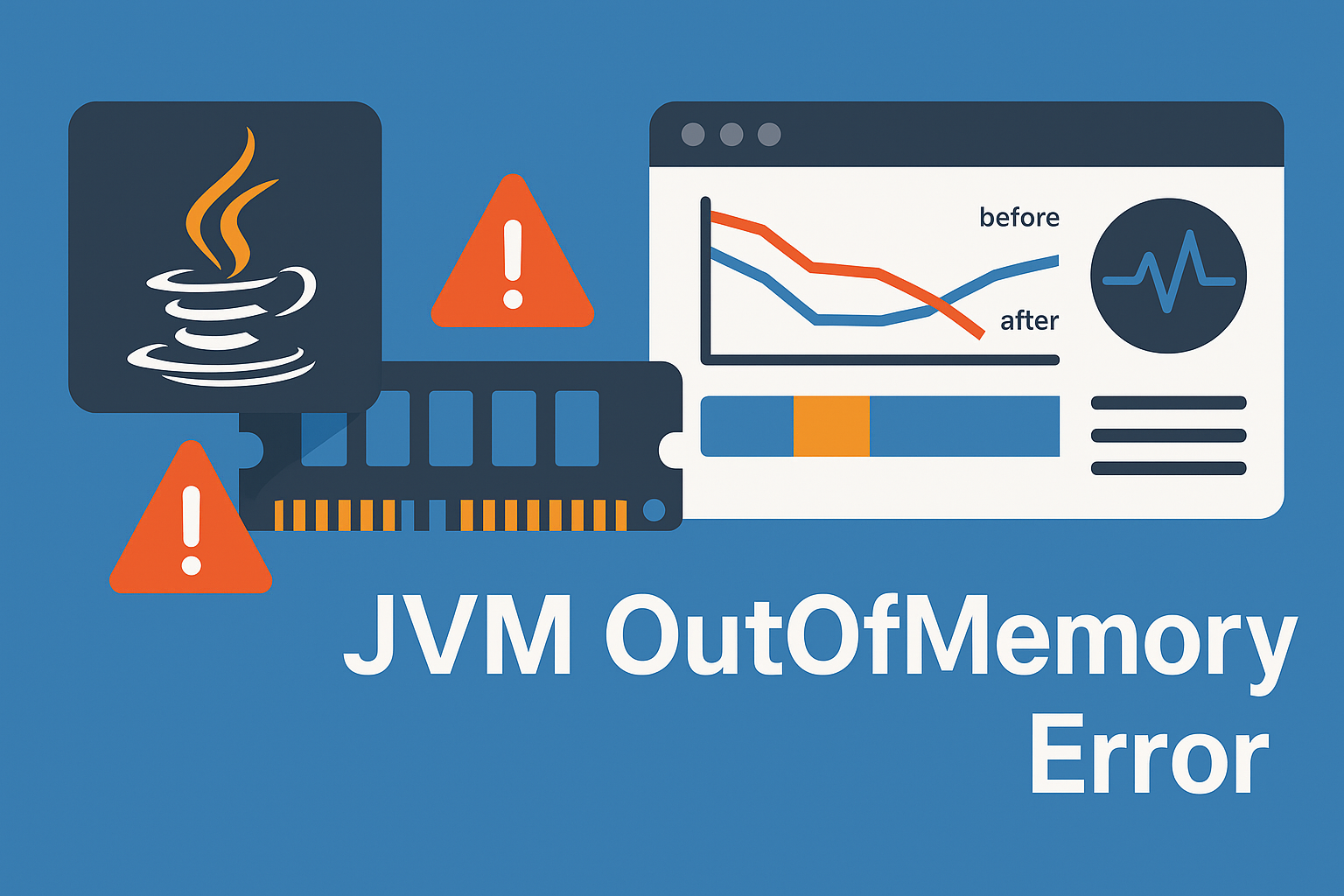 JVM OutOfMemoryError troubleshooting guide thumbnail showing Java logo, memory monitoring dashboard, and performance optimization indicators