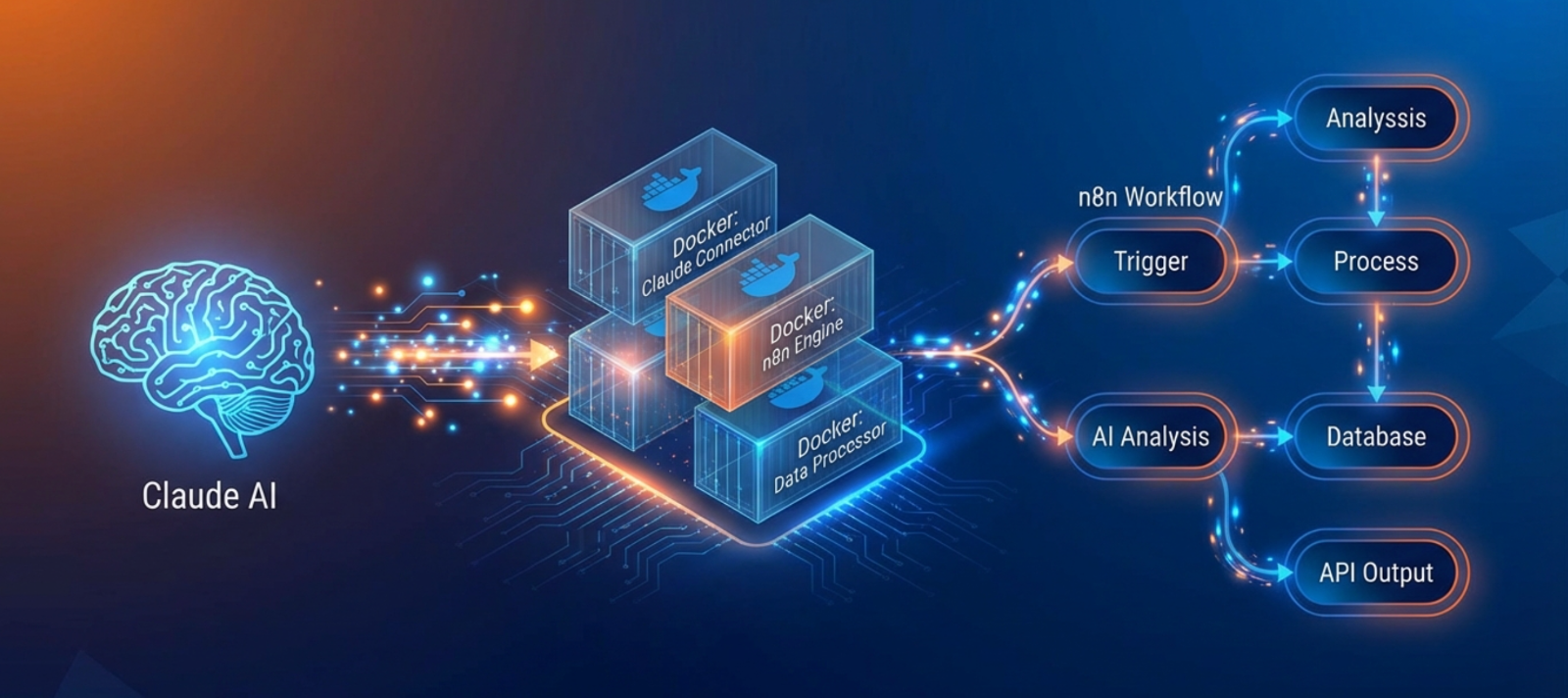 Claude AI가 Docker 컨테이너를 통해 n8n 워크플로우 엔진과 연결되어 자동화 파이프라인을 구성하는 모습입니다