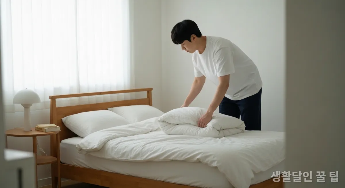 깔끔하게 침구를 정리하고 있는 한국 남성의 침실 모습