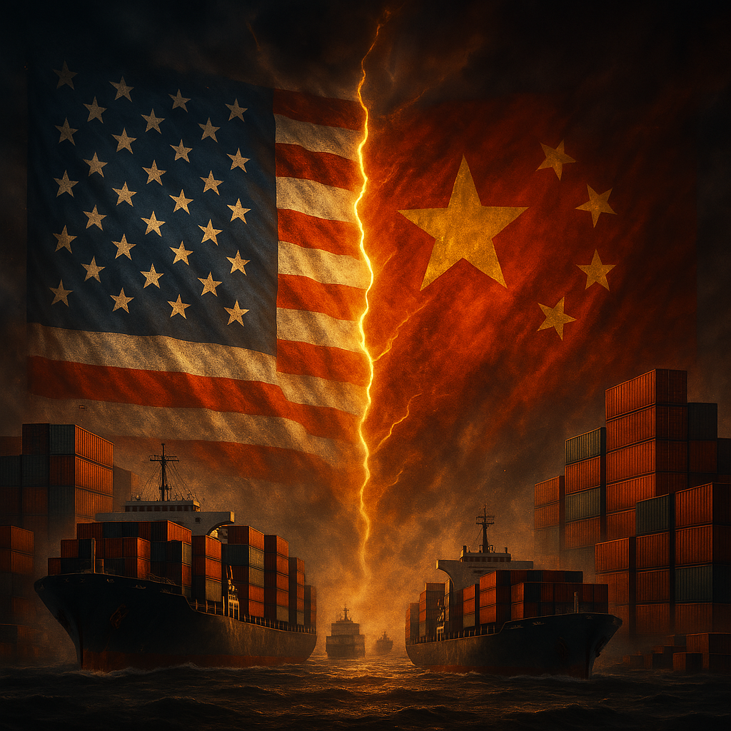 미국과 중국 국기가 나뉜 화면에 화물선과 컨테이너가 둘러싸여 있음