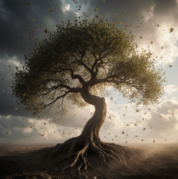 폭풍 속에서 굳건히 서있는 나무가 있다.