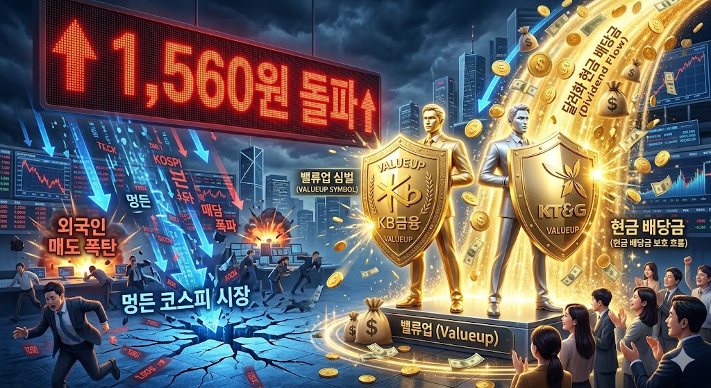 붉은색 전광판에 '1,560원 돌파'라는 자극적인 환율 수치가 깜빡이며 외국인 매도 폭탄으로 인해 파랗게 멍든 코스피 시장 하락장 한가운데, 황금빛 방패를 든 'KB금융'과 'KT&amp;G'의 밸류업 심벌이 우뚝 솟아오르며 쏟아지는 달러화 현금 배당금(Dividend Flow)을 철벽 방어해 내는 하이테크 3D 일러스트 그래픽 이미지.