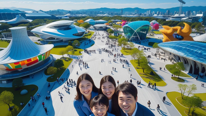 오사카 유메시마 엑스포 부지 전체를 한눈에 볼 수 있는 이미지. 전경 속 한쪽에는 한가족이 밝게 웃으며 엑스포를 즐기고 있는 모습