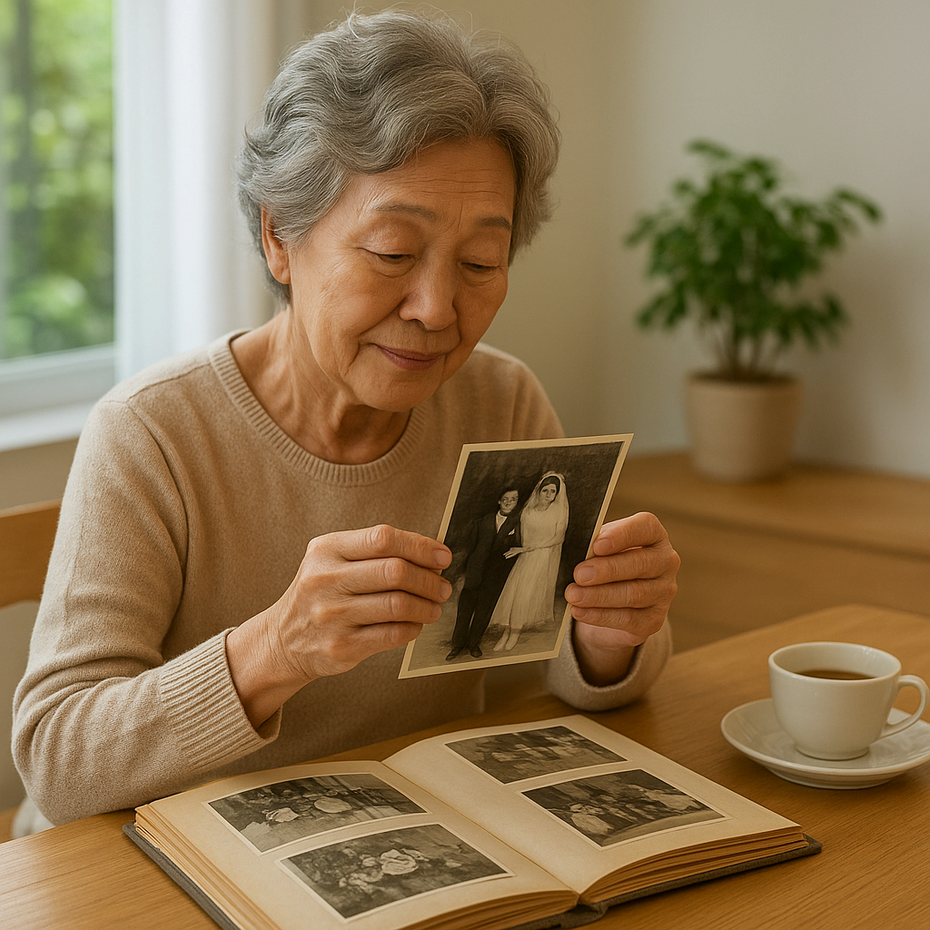 부모님 결혼식 사진을 보여주고 있는 박영희씨