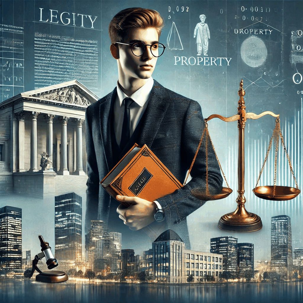 현대 도시를 배경으로 법률 서적과 서류를 들고 있는 대학생과 저울이 법적 안정성과 물권법의 원칙을 상징적으로 표현한 이미지