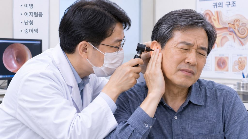 이비인후 선생님이 귓속을 보는 중입니다