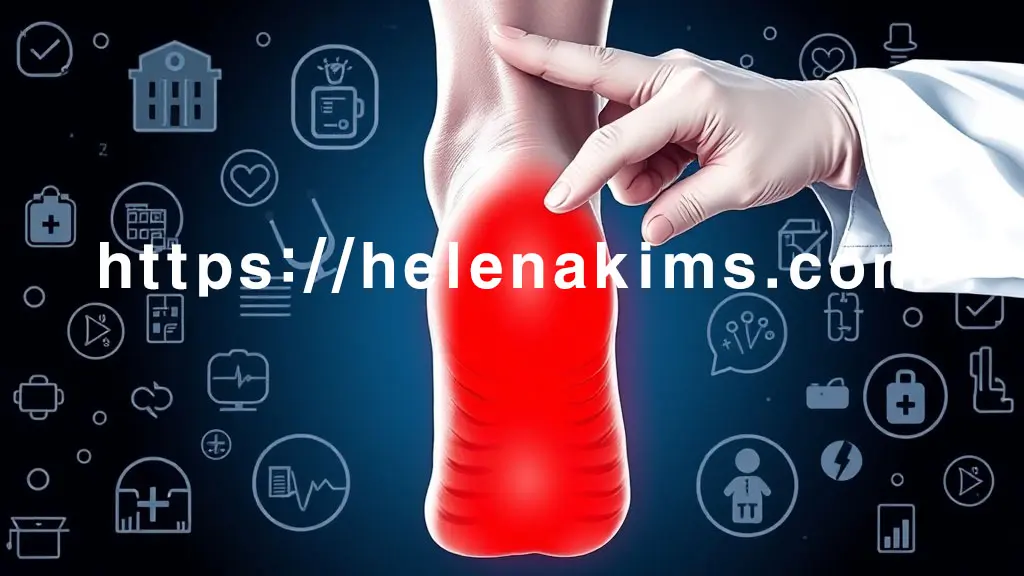 발뒤꿈치 통증으로 괴로워하는 발, 발을 향해 부드럽게 뻗어오는 의사의 손길.