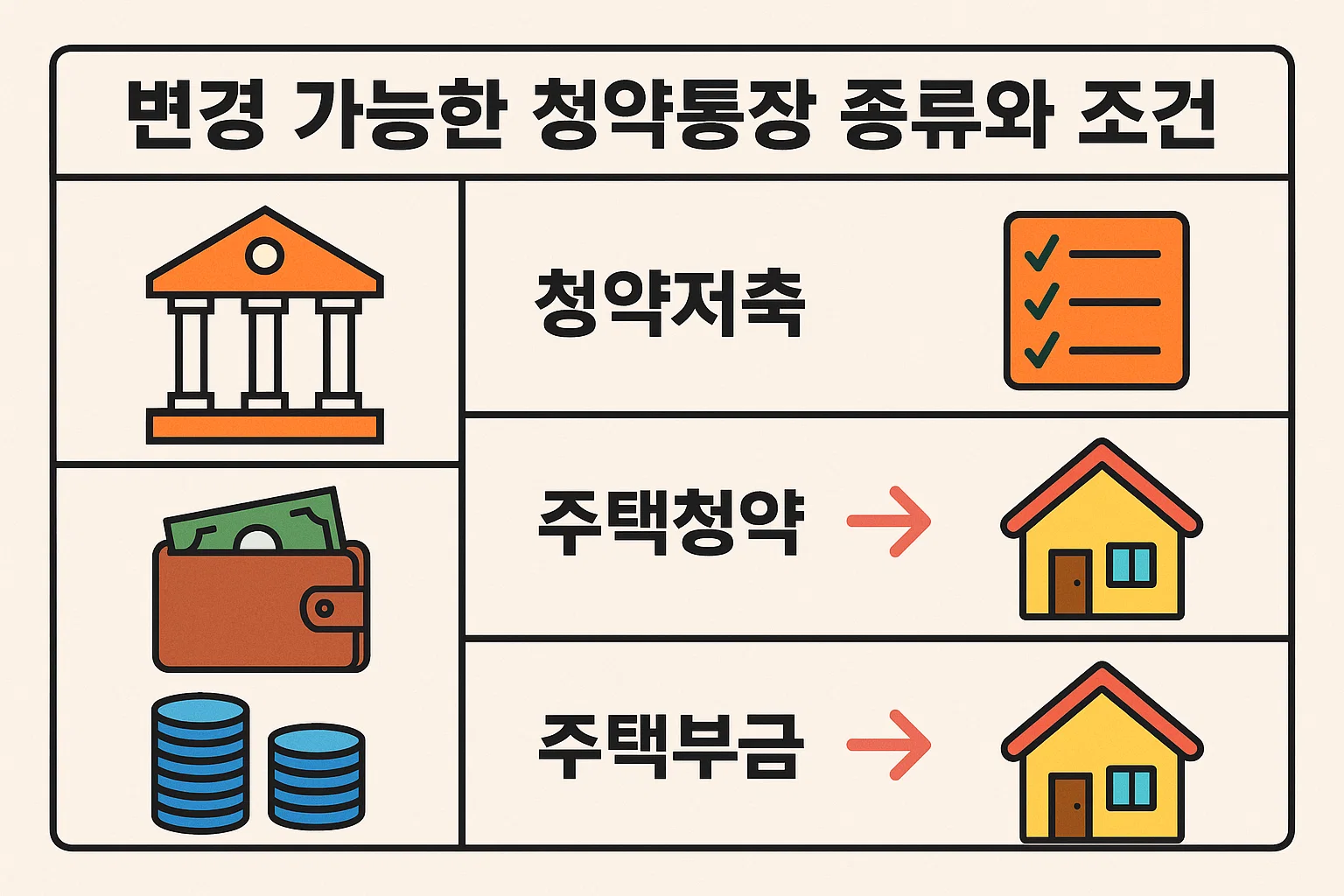 변경 가능한 청약통장의 종류와 조건을 정리한 인포그래픽. 청약저축, 주택청약, 주택부금 간 차이와 전환 기준을 시각적으로 보여줍니다.