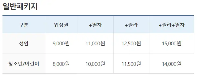 입장료 패키지 요금 안내 이미지