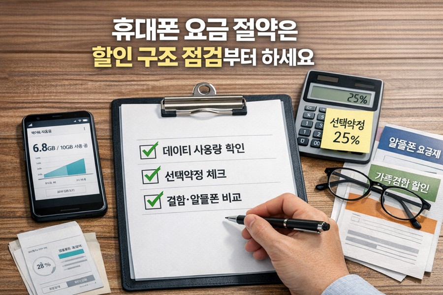 데이터 사용량과 선택약정, 가족결합, 알뜰폰 비교 항목을 함께 점검하며 휴대폰 요금을 줄이는 방법을 보여주는 체크리스트 이미지