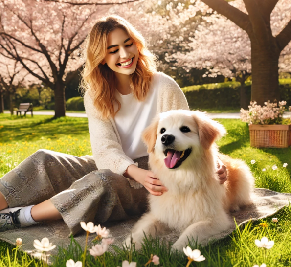 반려견과 봄나들이 하는 모습