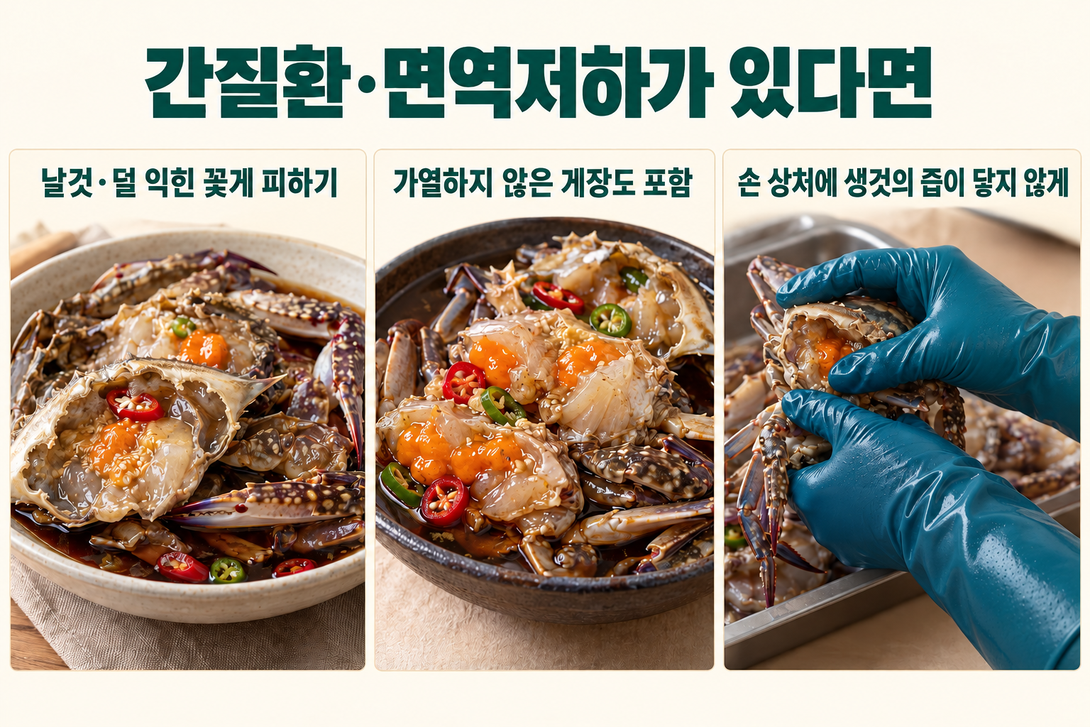 가열하지 않은 게장과 상처를 보호한 손질로 정리한 섭취&middot;접촉 주의 안내