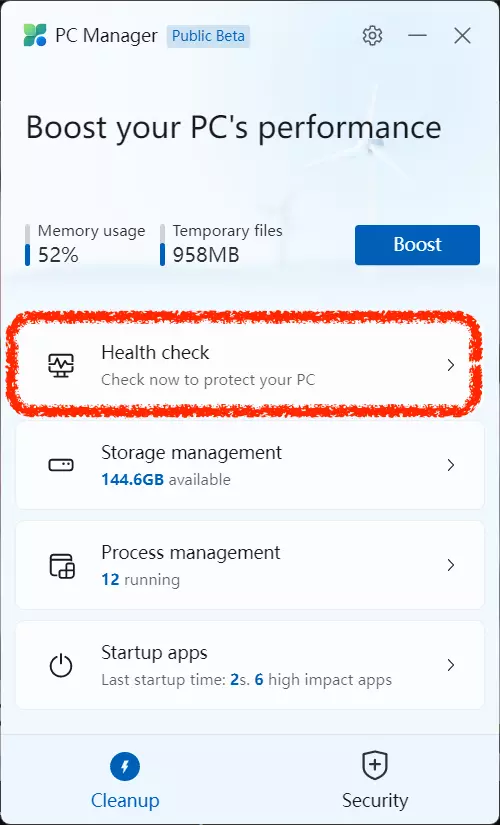 마이크로소프트 (Microsoft) PC Manager 상태체크