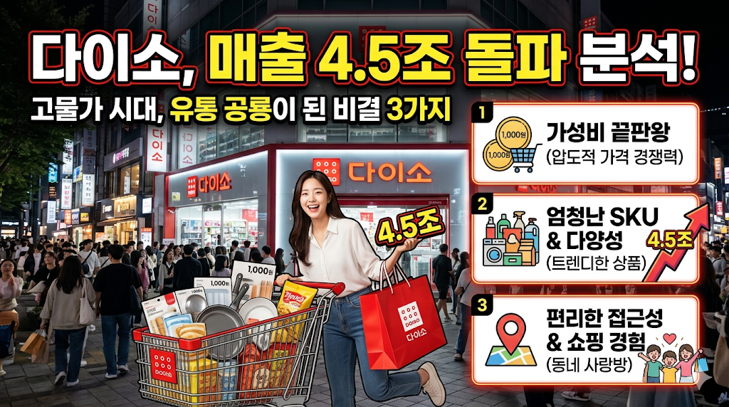 다이소 매출 역대 최대: 4조 5천억 돌파, 고물가 시대 '1,000원 숍'이 유통 공룡이 된 3가지 비결 분석