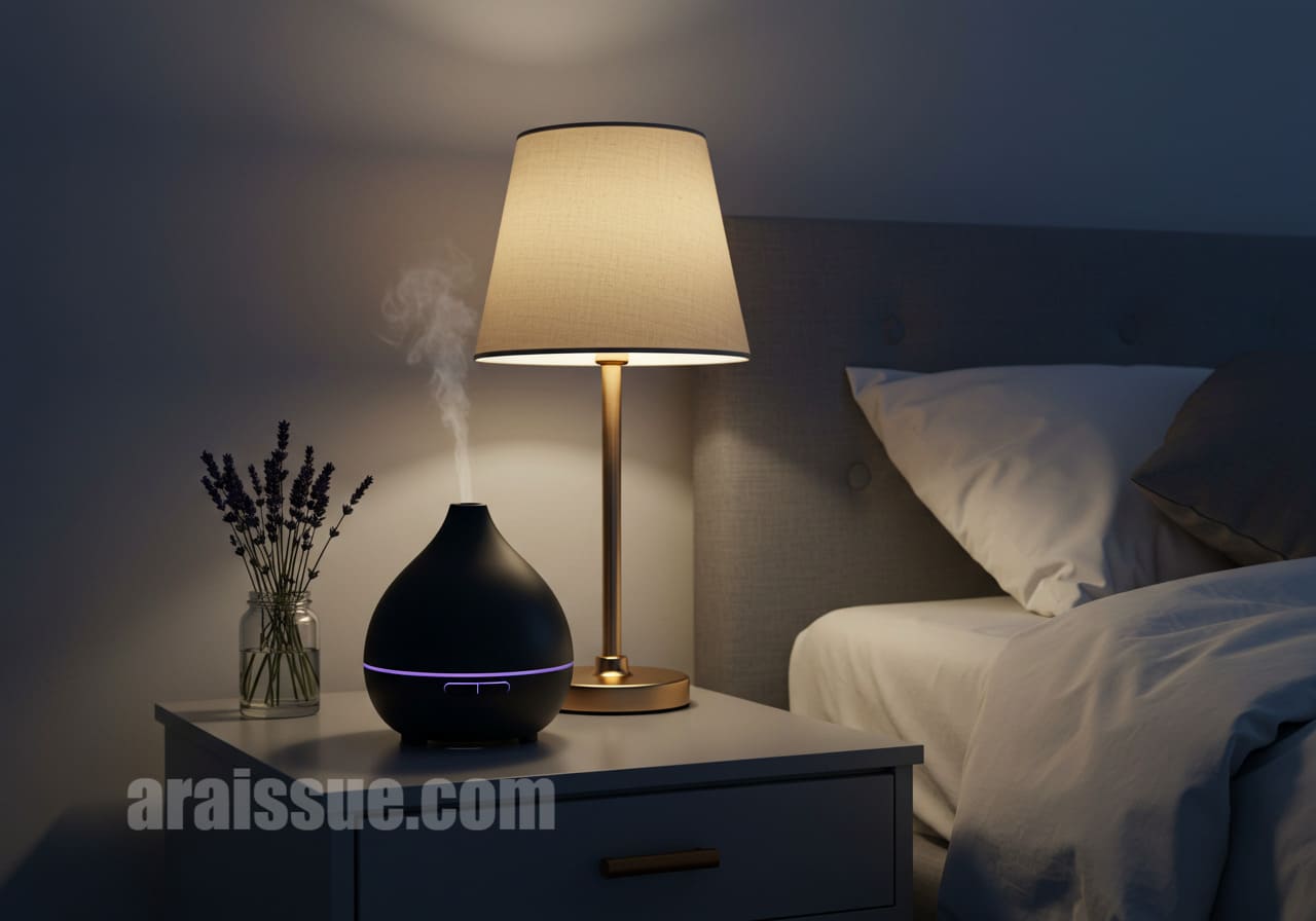 스탠드 조명과 아로마 디퓨저가 놓인 침실 탁자