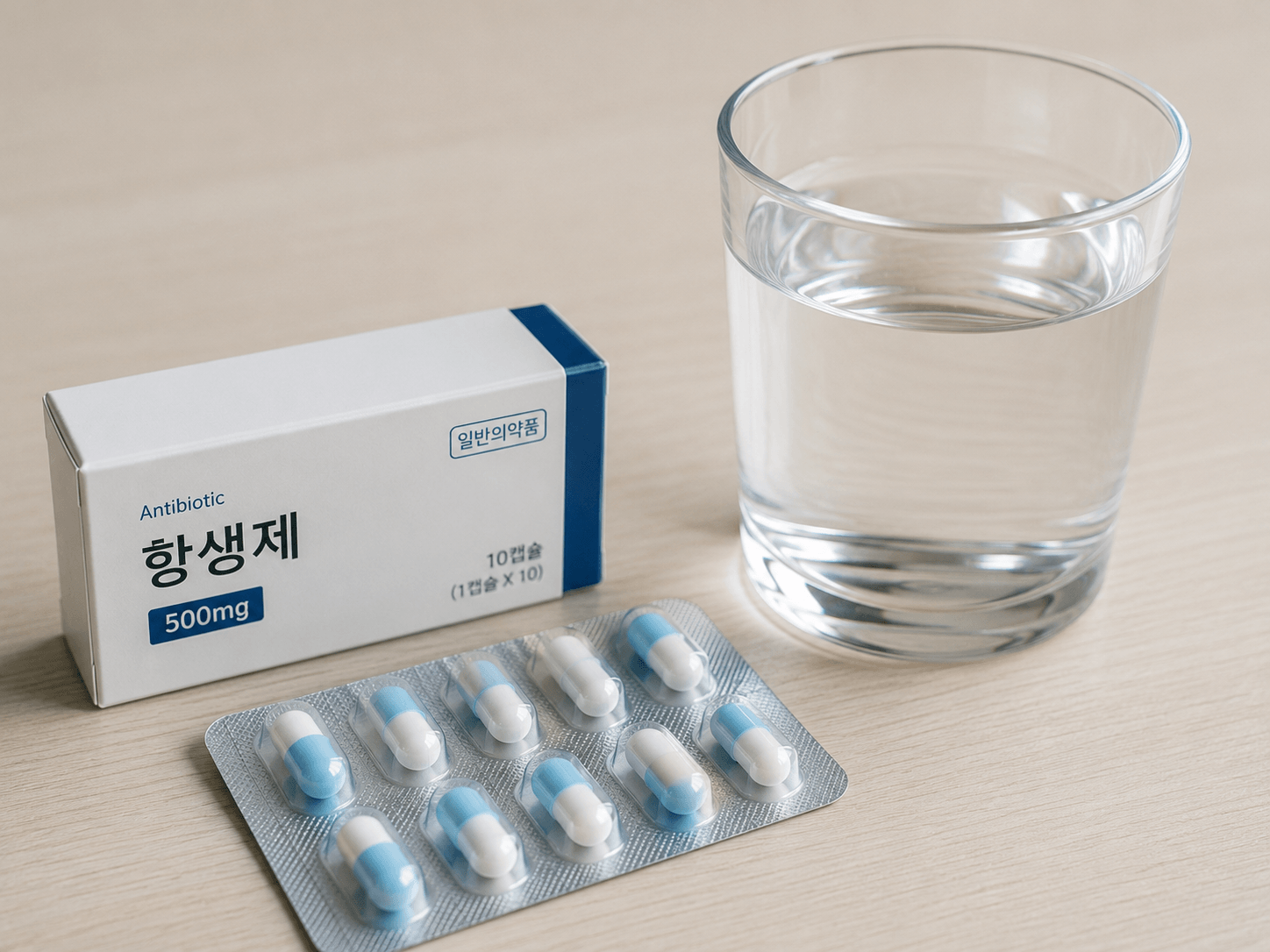 항생제와 물컵이 함께 놓여 있는 모습