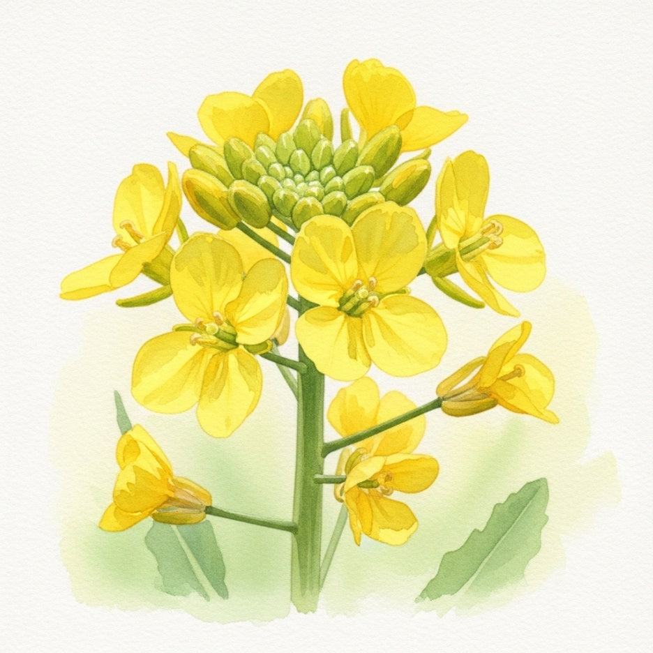 부드러운 수채화 톤의 유채꽃 한 송이 클로즈업