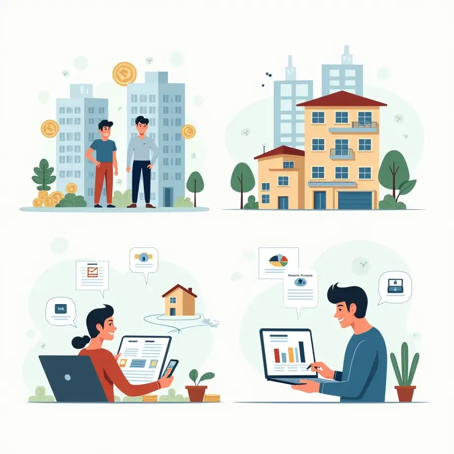 40 50 세대를 위한 지역별 재테크 전략과 성공 사계를 표현한 인포그래픽 스타일 일러스트.