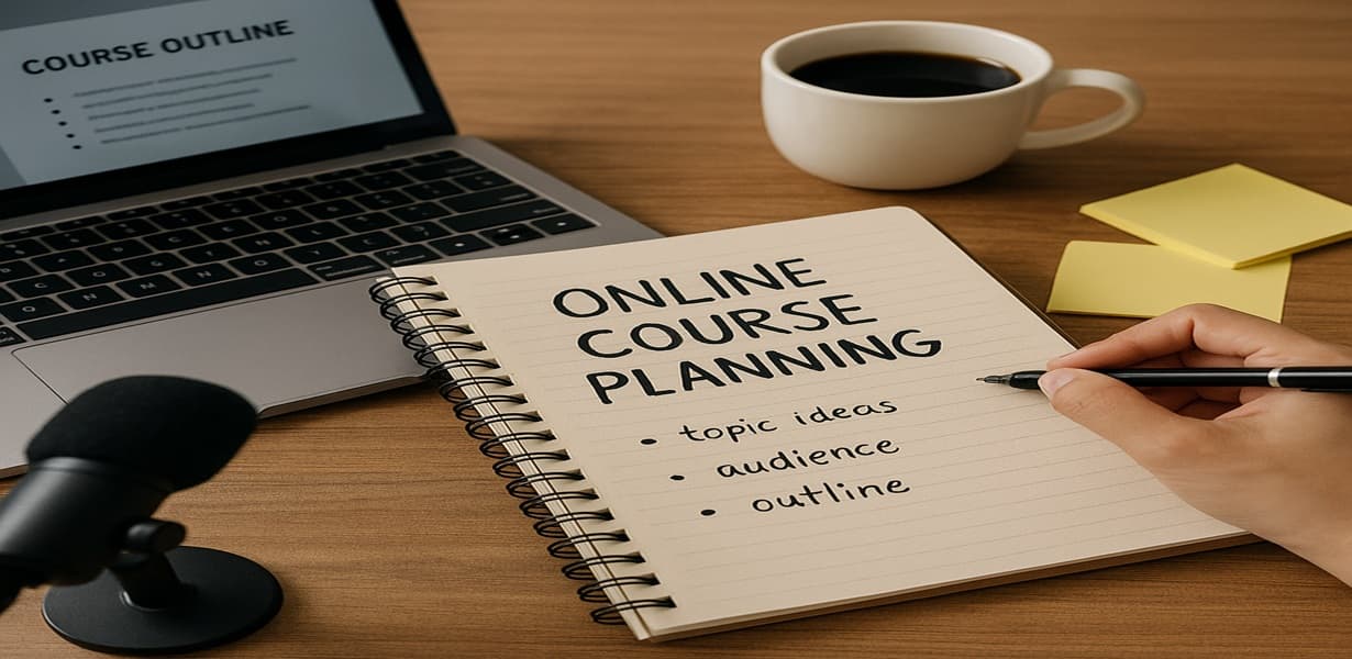 “ONLINE COURSE PLANNING이라 적힌 노트, 강의 개요가 보이는 노트북 화면, 마이크, 커피잔이 함께 놓인 따뜻한 분위기의 책상”