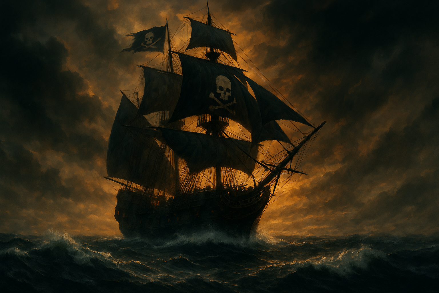 어두운 바다 위에 떠 있는 해적선