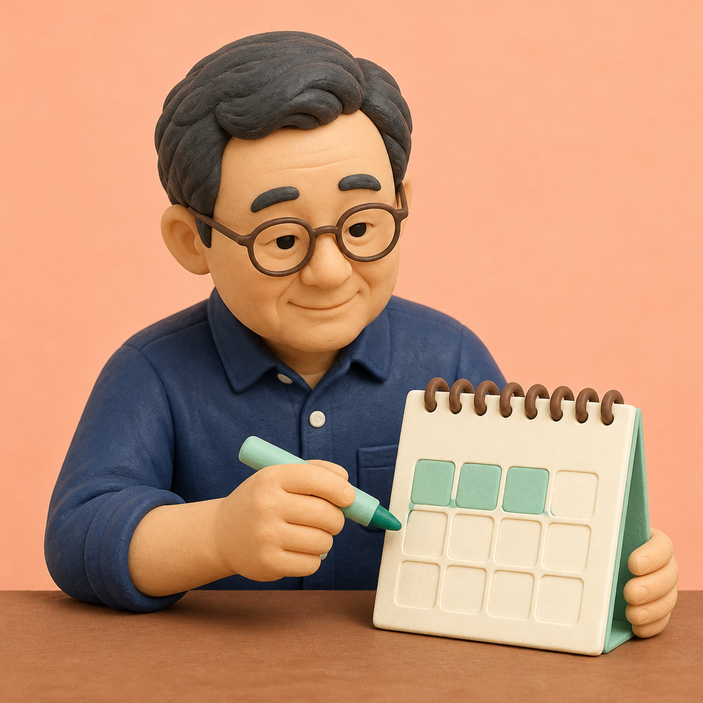 사무실 책상에서 달력 열두 칸 중 세 칸에 색을 칠하는 중년 남성