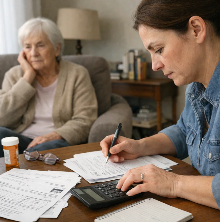 치매 장기요양등급 신청을 위해 서류를 정리하고 비용을 계산하는 보호자와 고령자