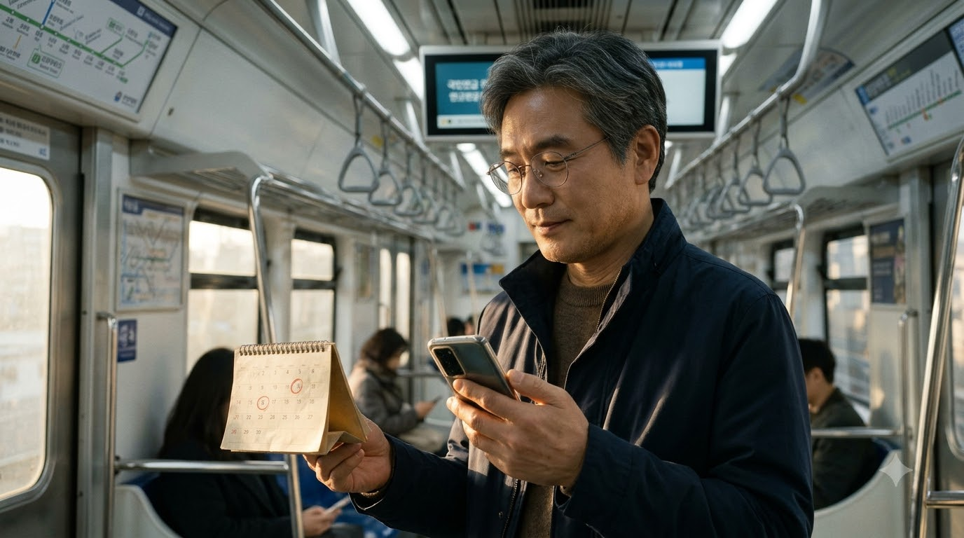 출근길 지하철에서 휴대폰 속 연금 계좌 화면을 조용히 보기만 하는 50대 남성, 손엔 동그라미 두 개 친 탁상 달력 수첩