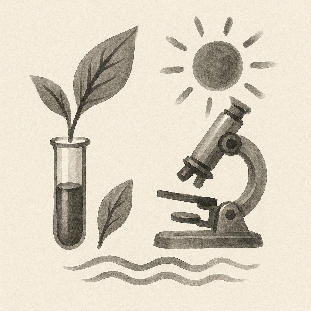 수묵화 스타일의 실험 도구와 자연의 융합 이미지