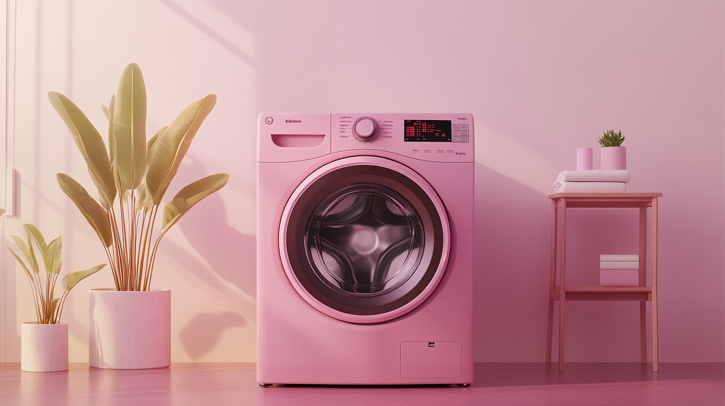 튼튼한 구조로 설계된 에너지 효율적인 세탁기 건조기의 일러스트, 세련된 디자인과 친환경 기능을 강조하는 미니멀한 배경.