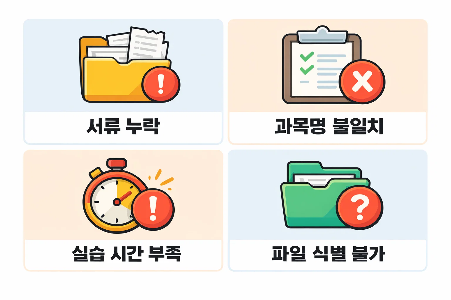 사회복지사 2급 자격증 신청 시 자주 발생하는 반려 사유인 서류 누락, 과목명 불일치, 실습 시간 부족 등을 정리한 이미지