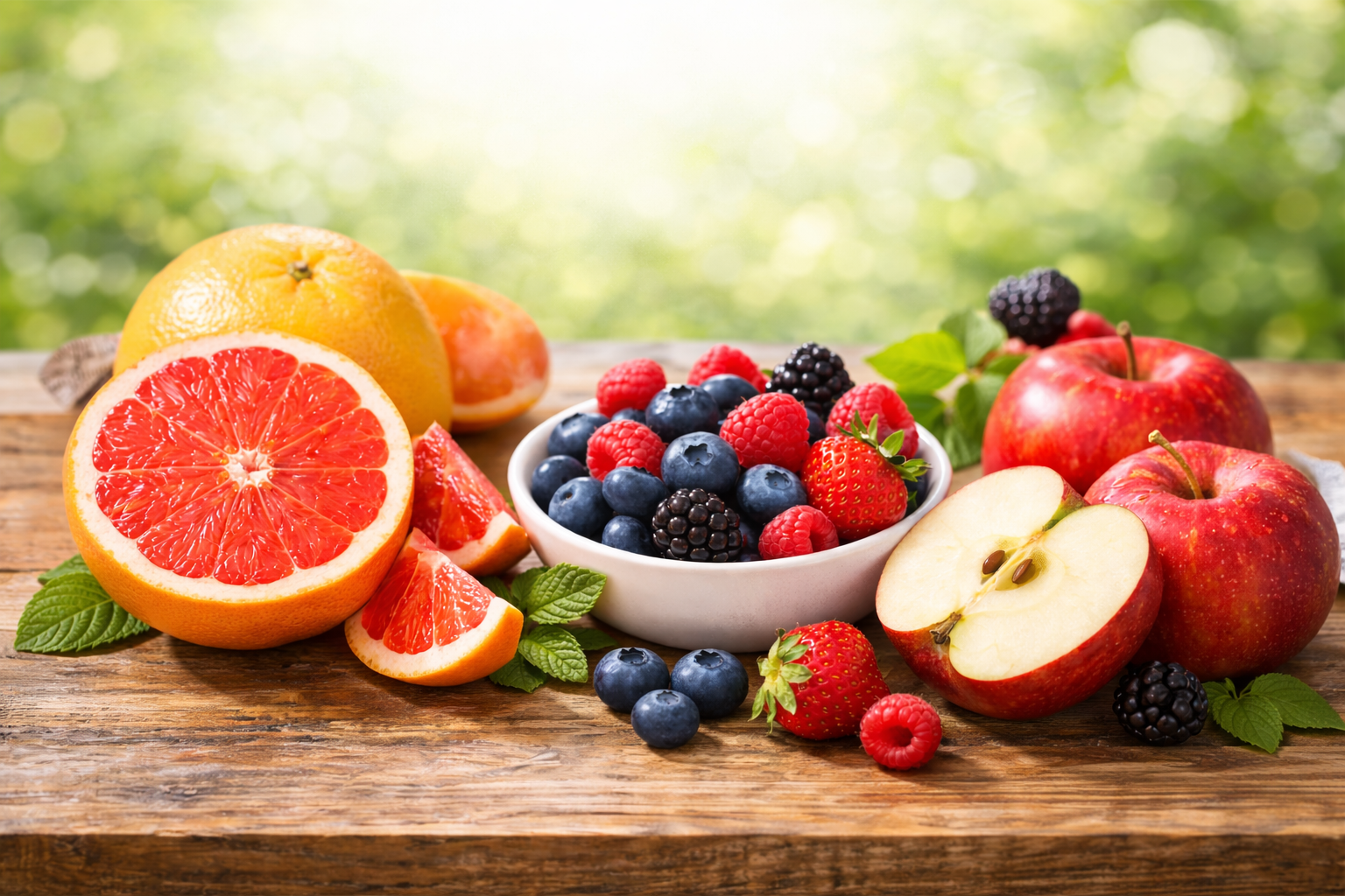 자몽, 사과, 베리류가 나무 테이블 위에 자연스럽게 배치된 다이어트 과일 이미지