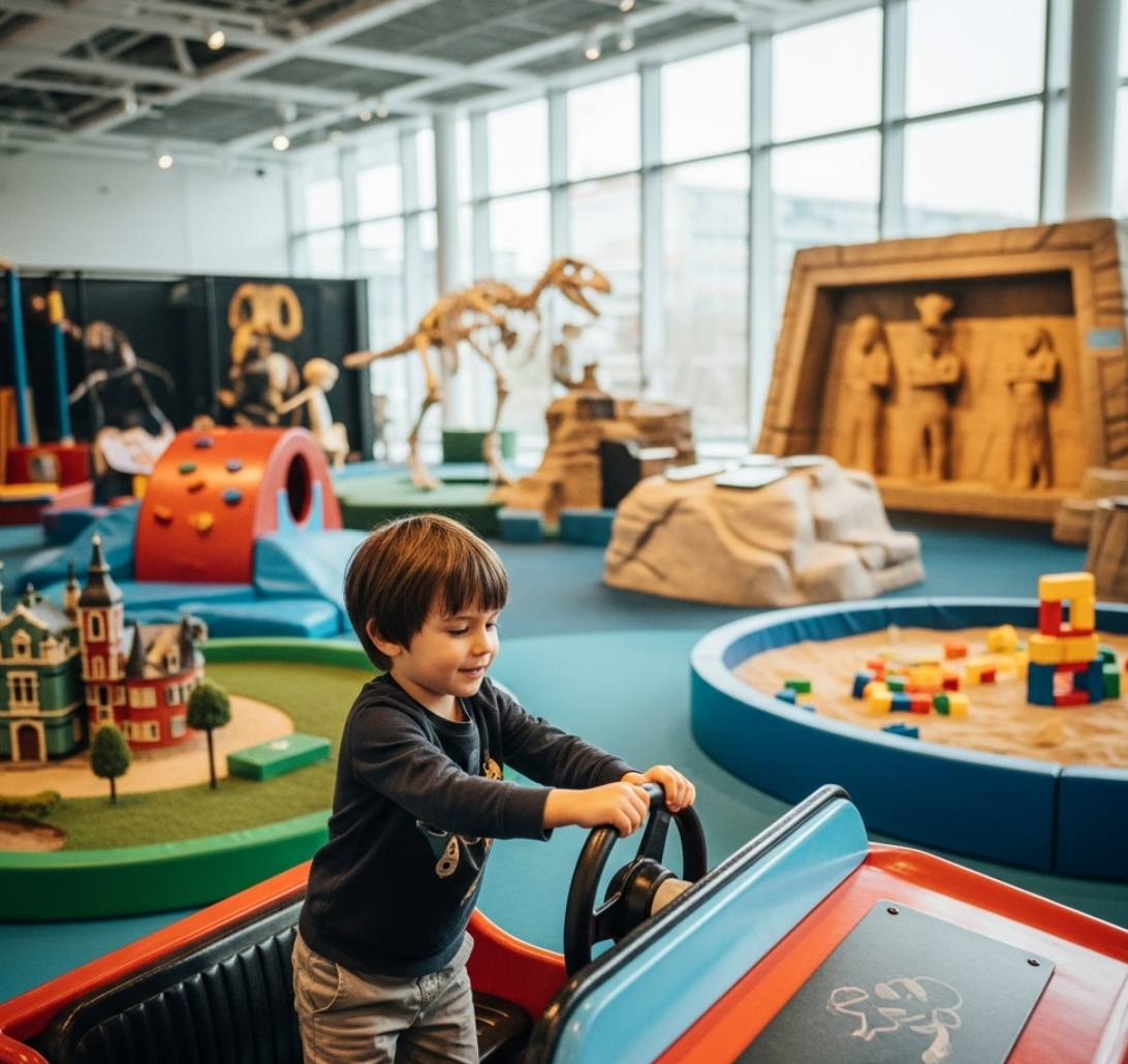 박물관 실내놀이터에서 남자아이가 즐겁게 놀고 있는 사진