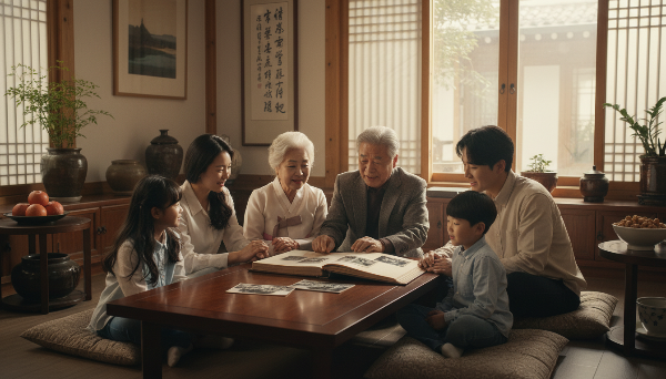 여러 세대의 한국인 가족이 모여 앉아 서로 이야기를 나누며 가족의 유대감과 전통을 이어가는 따뜻한 장면.