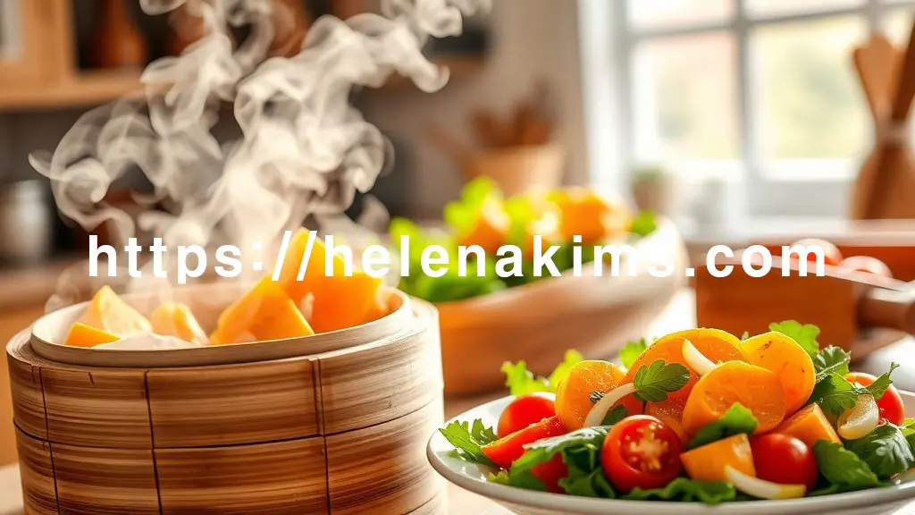 따뜻한 주방 배경, 김이 모락모락 나는 찜기에서 갓 쪄낸 먹음직스러운 고구마가 보인다.