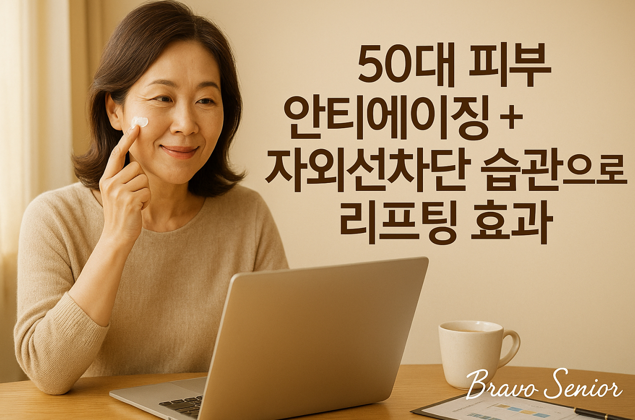 자외선 차단제를 바르고 있는 여성 시니어