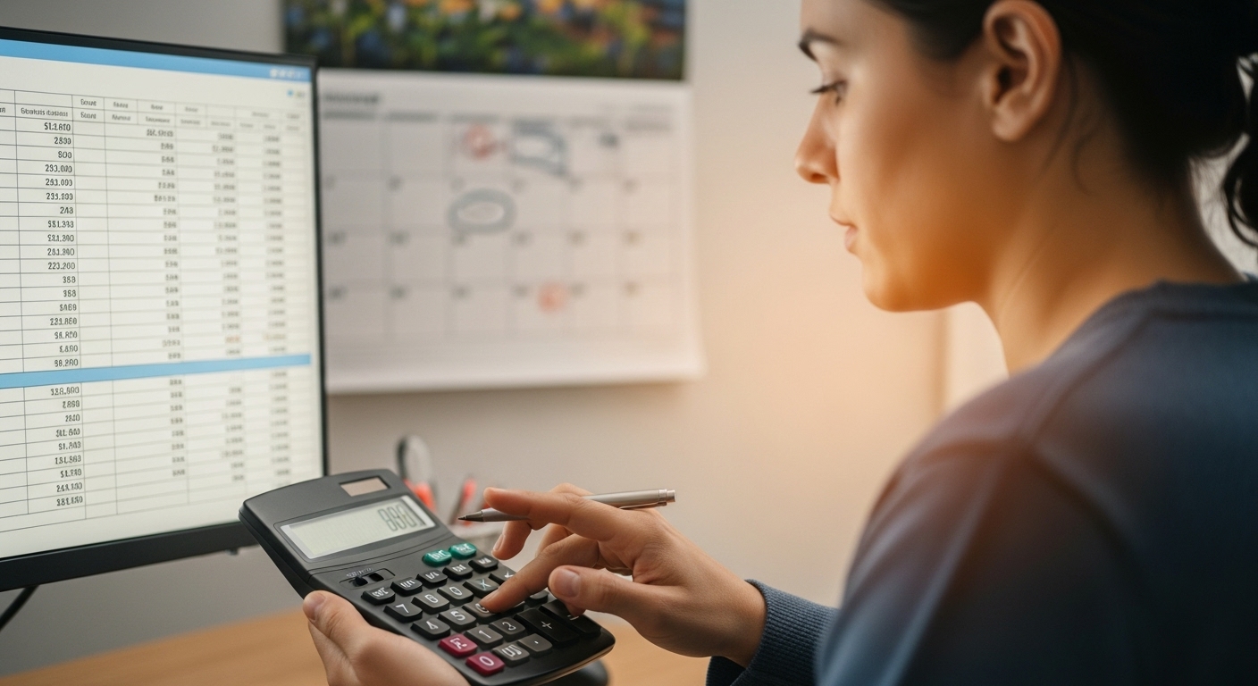 계산기를 두드리며 2026년 최저임금 인상에 따른 월급 변화를 확인하는 사람.