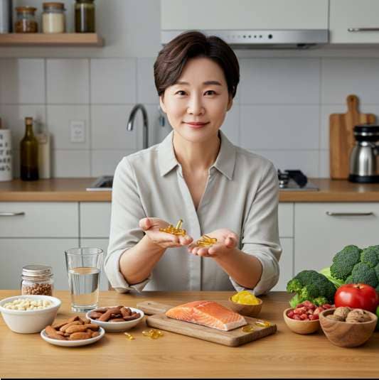 중성지방 영양제 섭취 시 주의사항, 중성지방 영양제 음식 놓인 식탁에 앉아 있는 여성 사진